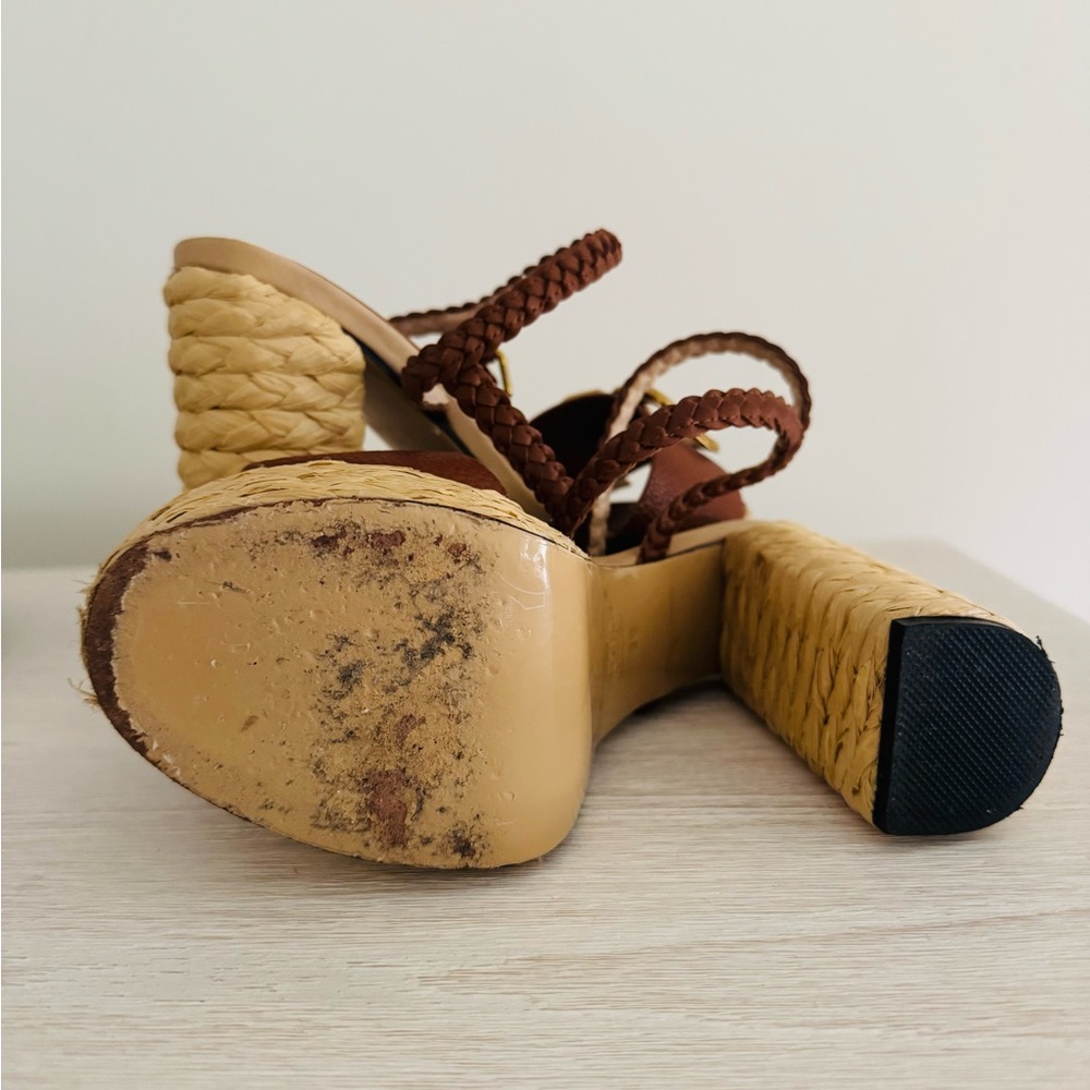 Valencia Brown Leather Platform Sandals with Gold Emblem - Picture 4 of 7
